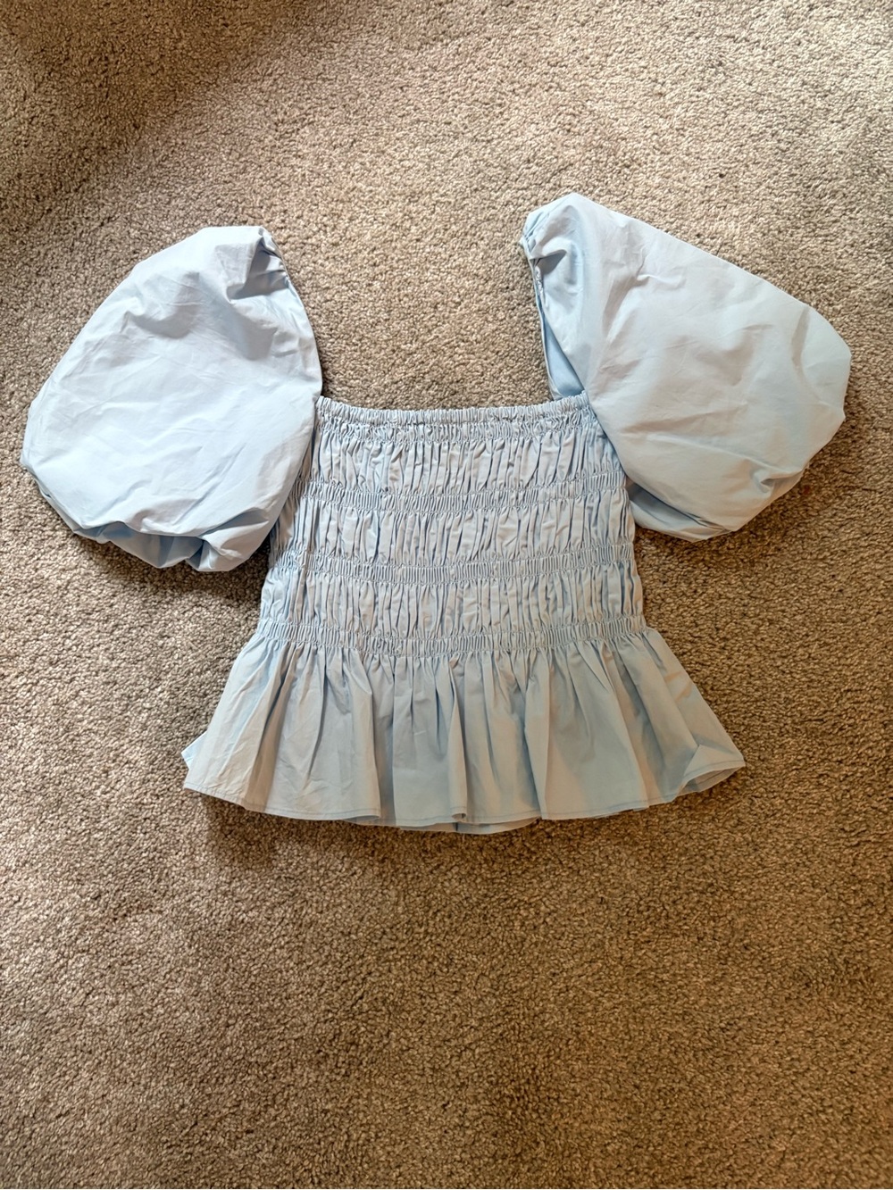Light Blue Puff-Sleeve Smocked Peplum Top